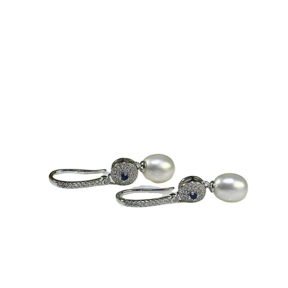 Vintage Style 925S Zirconia And Real Freshwater Drop Pearl Dangle Hook Earrings - Picture 3 of 14